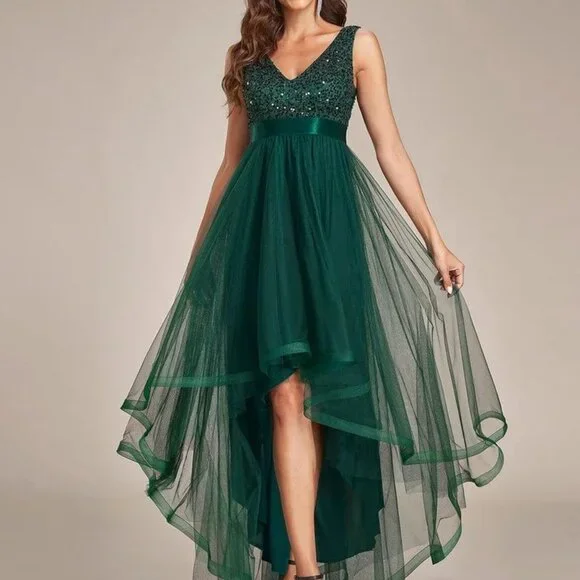 what color jewelry goes with a green dress Designer Long Dark Green Sequined Mermaid Prom Dresses With Slit –  misshow.com main image 1